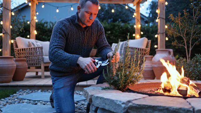 Man prunes rosemary near fire pit on outdoor patio during evening. Gardener trims herb by fire pit with flames. Man cuts rosemary plant near patio fire. Evening gardening by outdoor fire pit warmth.