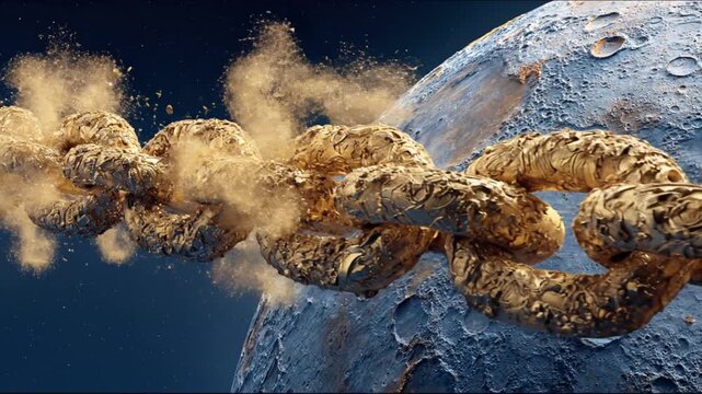 A detailed image of a broken golden chain in space with a detailed planet on the background
