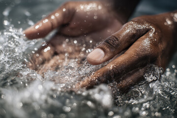 Fototapeta premium Close-up of human hands touching clear flowing water