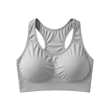 A light grey sports bra with a ruched design and cut-out back detail on a white background. isolated on transparent background