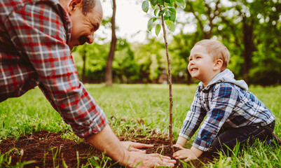 Fototapeta premium A grandfather and his grandson playfully touch noses while sitting in a park. They are surrounded by green grass and trees on a sunny afternoon.