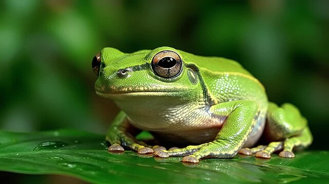 Green frog sitting on a leaf in a natural environment.