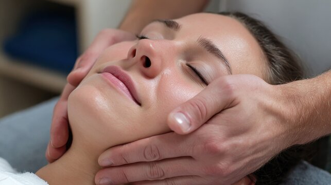 A physiotherapist is performing intraoral massage on the masseter