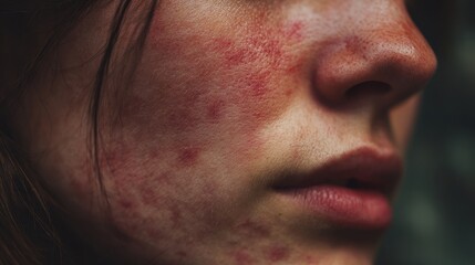 Fototapeta premium Close up of a woman s face with red acne and a blurred backdrop