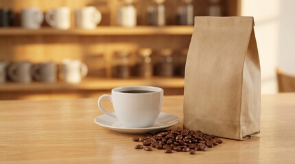 Obraz premium Freshly brewed coffee cup with whole coffee beans and kraft paper bag on wooden table top