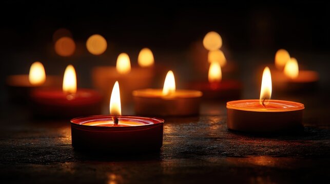 Closeup of lit candles in shadows with space for text