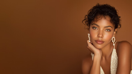 Elegant portrait of confident African mulatto woman wearing pearl earrings, expressing calmness. Flat chocolate brown background. Copy space. Banner template. Natural beauty, diversity, fashion, hygge