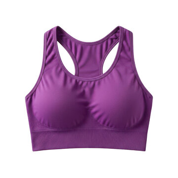 A purple sports bra with a ruched design and cutouts on the back. isolated on transparent background
