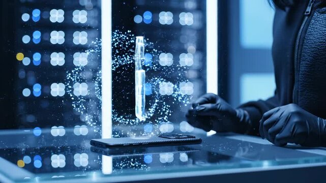 Hacker unlocks digital padlock on laptop showing cybersecurity breach. Person breaks encryption using hologram interface. Hacker accesses data through digital padlock. Cyber attack on laptop security.