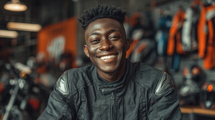 Fototapeta premium Image of a happy young Black man content with new motorcycle gear at a shop