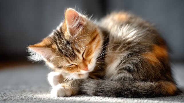 Charming house cat tidying up fluffy kitty maintaining coat Endearing feline hygiene and self care Ideal for pet care enthusiasts and cat behavior topics Pet ownership and frie