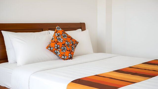 Neatly made hotel bed with white sheets orange striped bed runner and floral pillow