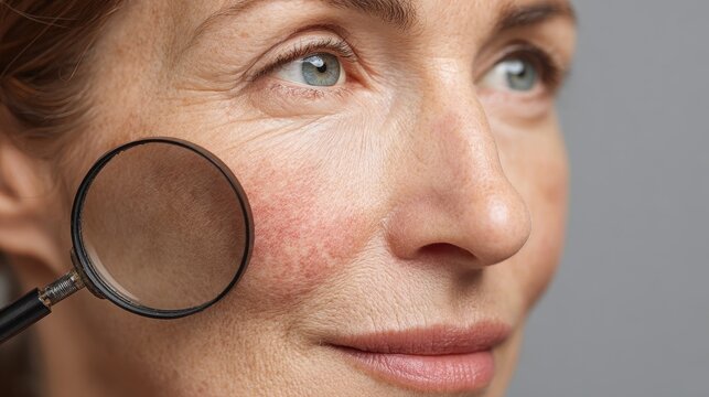 Magnifying glass reveals couperose on a woman s sensitive skin