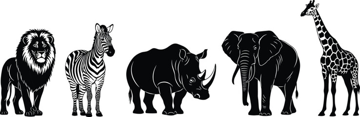 Obraz premium African wildlife animal silhouettes collection featuring lion zebra rhinoceros elephant and giraffe isolated on white background vector illustration set for safari nature design projects