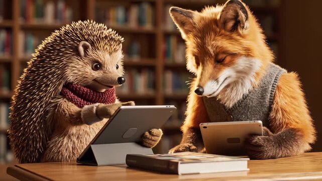 Hedgehog and fox work with tablets at wooden desk in library setting. Animals use digital devices near books. Fox and hedgehog study with tablets. Cozy library workspace with animals using technology.