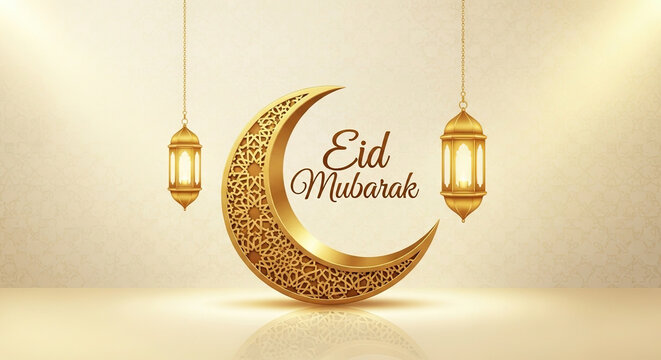 Golden Eid Mubarak Greeting with Elegant Islamic Crescent Moon, Ornate Lanterns, and Soft Lighting on a Textured Background for Religious Celebrations Golden Mubarak Greeting with