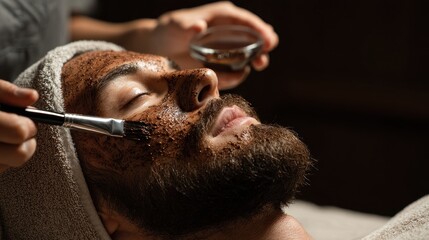 Naklejka premium Spa therapist exfoliating a young man s face