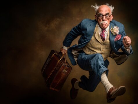 Eccentric old man in a suit running frantically with a suitcase