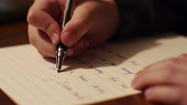 Hand Writing List with Ballpoint Pen on Paper Closeup