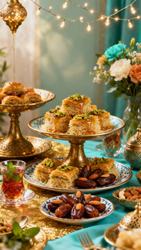 Baklava pastries on ornamental golden stands with floral background