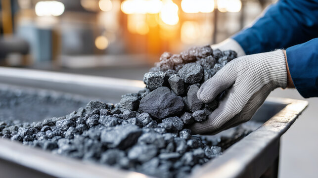 Close-up of faceless hands in clean gloves examining a tray of raw iron ore pellets, Sustainable Raw Materials, bright morning sun through factory windows, clean and organized indu