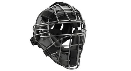 Black baseball catchers hockey style face mask with metal cage and straps isolated on transparent background