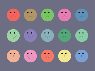 Fototapeta premium A vibrant grid of 15 colorful circular emoticons showcasing different human emotions on a dark grey purple background