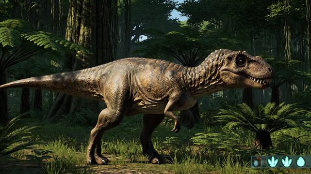 A video dinosaurs documentary featuring a lone Allosaurus walking through a lush prehistoric forest environment from a low viewpoint.