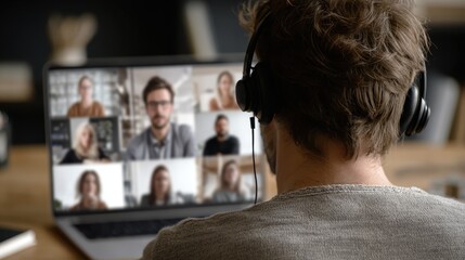 Male employee in headphones participating in an online video conference with diverse coworkers from home