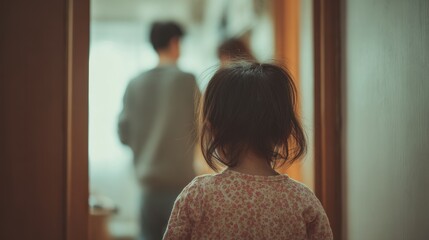 A young girl weeps by the door as her parents argue in a blurred background highlighting a negative family dynamic