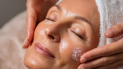 Fototapeta premium Beautician applies anti aging cream on client s face at spa focusing on skincare and beauty treatments to prevent wrinkles