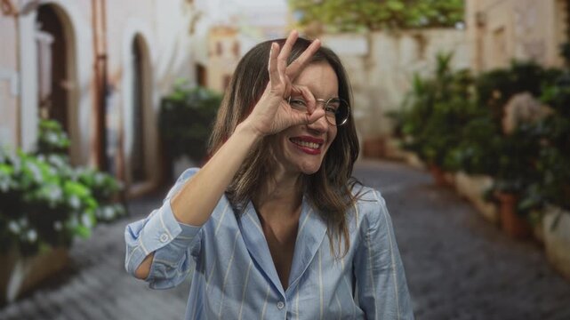 Woman wearing glasses shows ok sign in narrow cobblestone old town street while smiling; approval confidence.