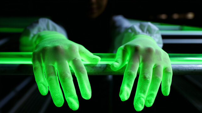 Close-up of faceless hands in pristine gloves illuminating a critical weld with a UV light for penetrant testing, Fluorescent Inspection, vibrant green glow on the weld, stark cont