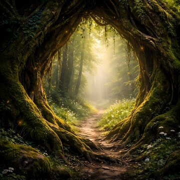  A natural portal of mossy, gnarled tree roots frames a sunlit misty forest path. Represents a gateway to an enchanted fairy-tale destination. Realistic vertical composition,