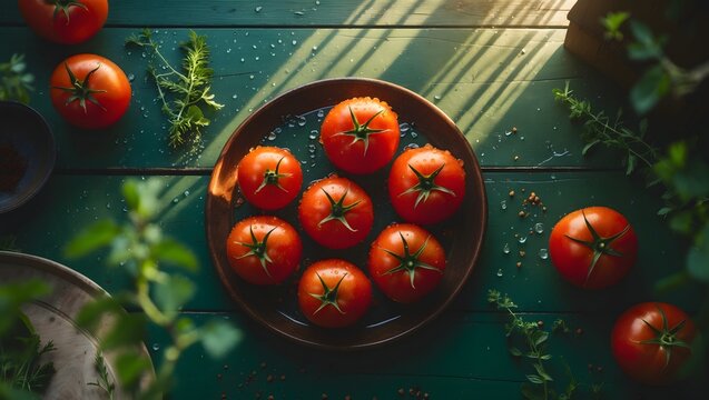 Fresh Ripe Tomatoes Arranged in a Rustic Bowl with Herbs and Sunlight in Anime Style Illustration