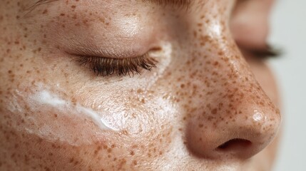 Naklejka premium Close up of a natural woman with freckles and clear skin eyes closed applying anti aging facial cream on a white background