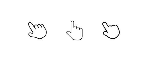 Mouse cursor vector icon set with minimalist black outline arrow pointers and hand click symbols for UI UX web interface design computer navigation isolated digital software elements in EPS and PNG.