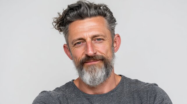 Cheerful 45 year old man alone in a white studio Confident attractive gray bearded male model in a t shirt gazing at the camera Portrait with empty space