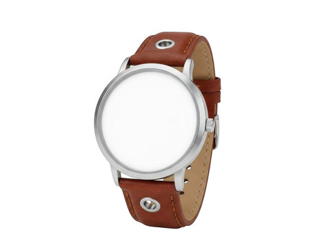 A brown leather watch with a silver bezel on a white background isolated on transparent background