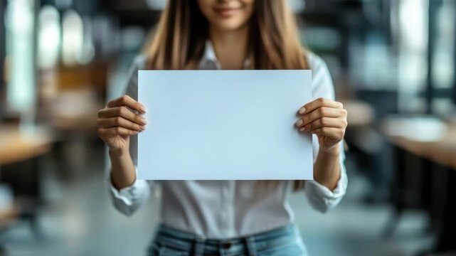 Woman holding a blank sheet of paper in a modern office setting during the day