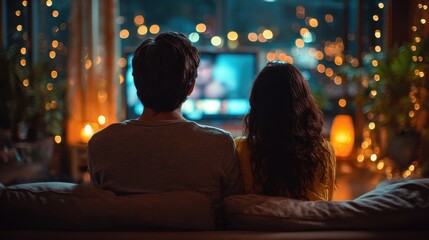 Fototapeta premium Young Indian couple sits on a couch in the living room enjoying their favorite movies and shows during a relaxed evening with online streaming