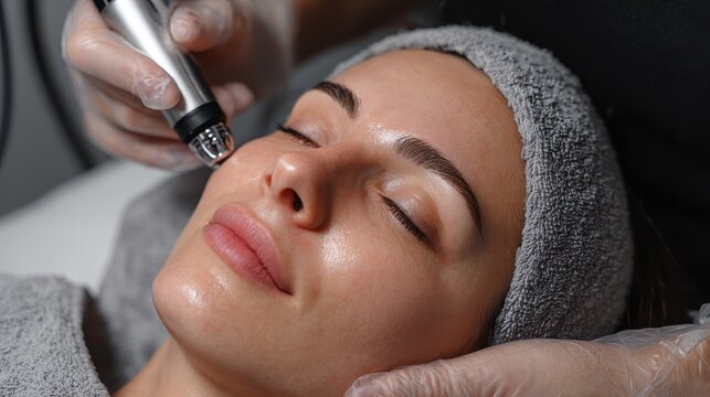 A beautician uses advanced equipment for a facial microcurrent massage on a female client highlighting hardware cosmetology