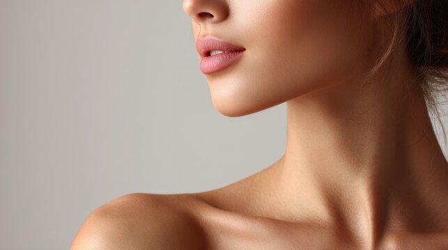 Image of a young woman s face neck and shoulders highlighting her glowing skin and beauty Focus on natural beauty skincare and wellness
