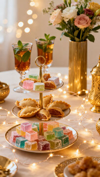 Elegant dessert stand with Turkish delight, pastries, and mint tea