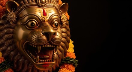 traditional indian lion sculpture with vivid colors in dark background symbolizing strength and power