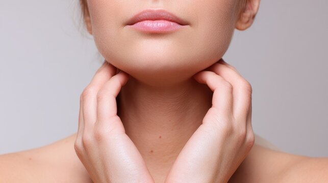 Depict hands pressing sagging skin under the neck with cellulite and a mole on the woman s body emphasizing health and beauty