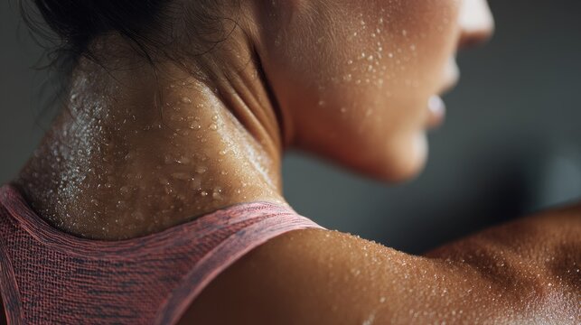 Female s shoulders and neck after a workout with sweat receiving a neck massage