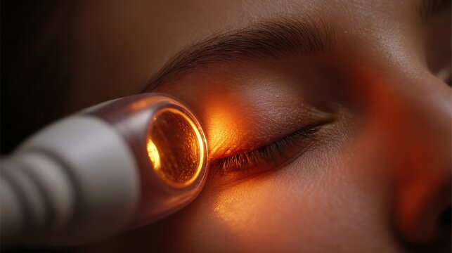 A detailed view of a medical infrared device shining warm light on a teenager s eyelid to alleviate chalazion The treatment reduces swelling and pain