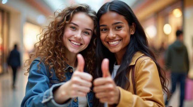Dos j&oacute;venes amigas con sonrisas brillantes y ojos brillantes muestran pulgares hacia arriba