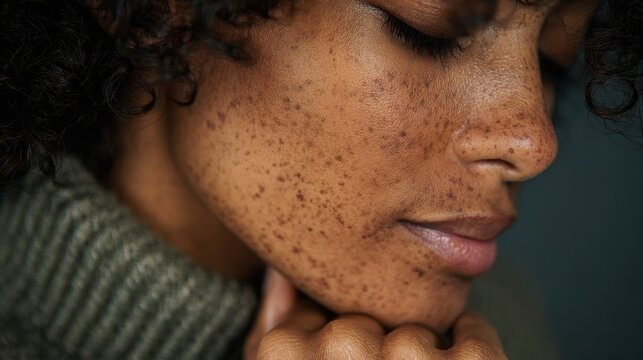 Brown skin with dark blemishes hyperpigmentation on brown skin African American woman with skin irregularities
